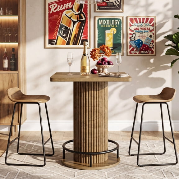 Finmind Square Bar Table, 39.4" H Brown Bistro Pub Table with Rounded Corners & Ergonomic Metal Footrest