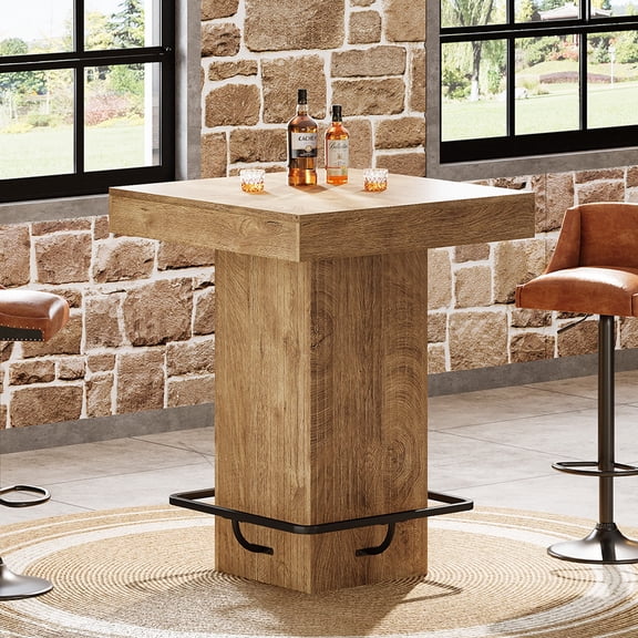Finmind Square Bar Table, Counter Height Pub Cocktail Table Kitchen Dining Table with Metal Footrest, Light Brown
