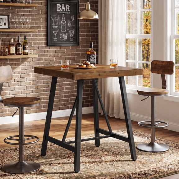 Finmind Square Bar Table, Industrial Counter Height Table with Solid Wood Tabletop and Metal Frame, Small Dining Table for Kitchen, Dining Room