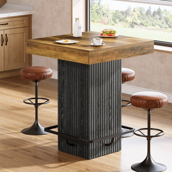 Finmind Square Bar Table, Rustic Brown Counter Height Pub Cocktail Table Kitchen Dining Table with Metal Footrest