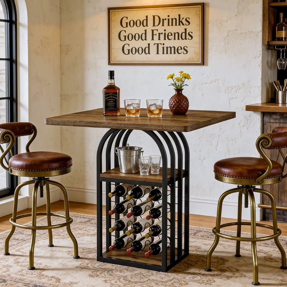 Finmind Square Bar Table with Wine Rack, 35"H Bistro Pub Table, 4-Tier Storage Home Bar Unit for Living Room, Kitchen, Small Space, Brown & Black