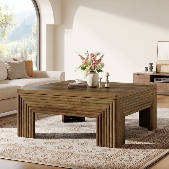 Finmind Square Coffee Table for Living Room, 39.4'' Farmhouse Large Center Table, Easy Assembly, Rustic Brown