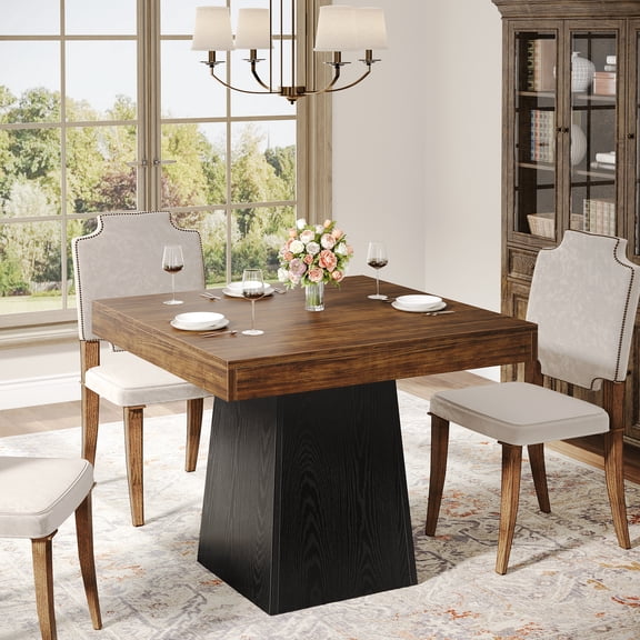 Finmind Square Dining Table for 4, 31.5-Inch Small Kitchen Table with Sturdy Pedestal Base, Farmhouse Dinner Table for Dining Room,Brown and Black