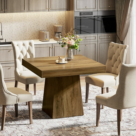 Finmind Square Dining Table for 4, 31.5-inch Farmhouse Kitchen Table with Sturdy Pedestal Base, Wood Dinner Table for Living Room, Brown