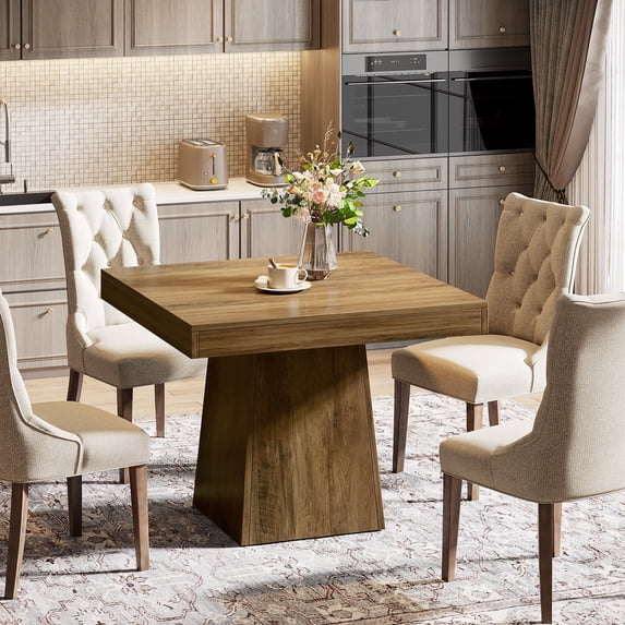 Finmind Square Dining Table for 4, 31.5-inch Farmhouse Kitchen Table with Sturdy Pedestal Base, Wood Dinner Table for Living Room, Brown