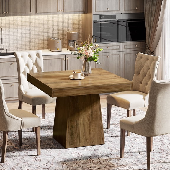 Finmind Square Dining Table for 4, 31.5-inch Farmhouse Kitchen Table with Sturdy Pedestal Base, Wood Dinner Table for Living Room, Brown