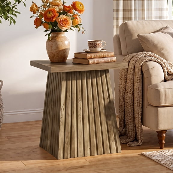 Finmind Square End Table, Rustic Side Table with Fluted Base, 19.69-inch Small Nightstand for Living Room, Bedroom, Small Space, Brown