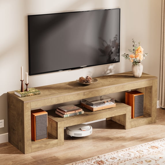 Finmind TV Stand for 55/60/65 Inch TVs, 63 Inch Farmhouse Entertainment Center with Open Storage Shelves, Television Console Table for Living Room, Bedroom, Natural Brown