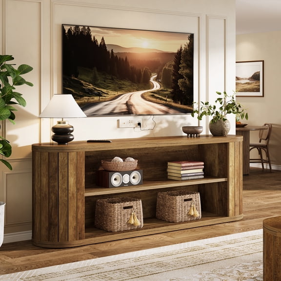 Finmind TV Stand for 55/60/65/75-inch TVs, Farmhouse Entertainment Center with 3-Tier Storage Shelf, 63" TV Consoles for Living Room, Bedroom, Brown