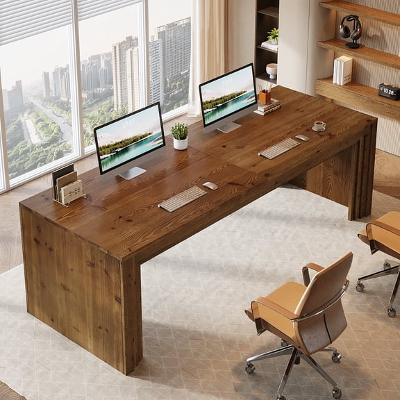 Finmind Two Person Computer Desk, 78.7 inches Extra Long Desk, Solid Wood Double Writing Table, Large Table Workstation for Home Office, Dark Brown
