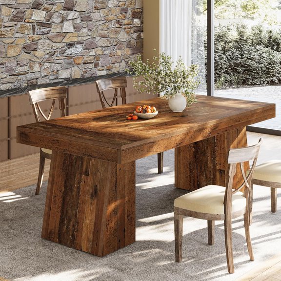 Finmind Two-Tone Dining Table for 46, Farmhouse Wood Kitchen Table with Double Pedestal, Rustic Brown