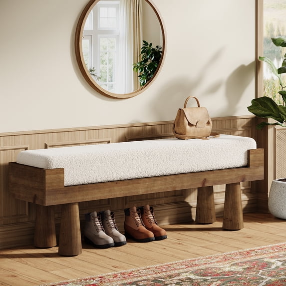 Finmind Upholstered Entryway Bench, Shoe Bench Padded Seat with Solid Wood Legs, End of Bed Footstool for Living Room, Mudroom, Hallway, White & Brown