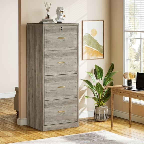 Finmind Vertical Filing Cabinet with Lock, Wood File Cabinet with 4 Drawers, Retro Storage Cabinet Suits A4/F4/Letter/Legal Size Files for Home Office, Gray