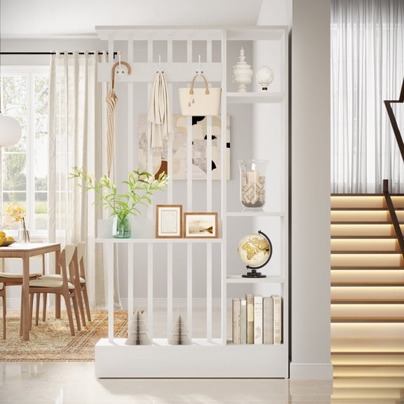 Finmind Wall Room Divider, 71 inch Wood Freestanding Room Divider Bookcase with Shelves & Coat Hooks for Home & Office Decorative, White