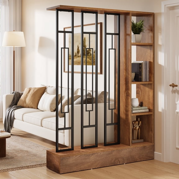 Finmind Wall Room Divider with Display Shelves, 70.9" Modern Freestanding Room Divider Screen with Sturdy Base, Wall Partition for Home & Office,Brown & Black
