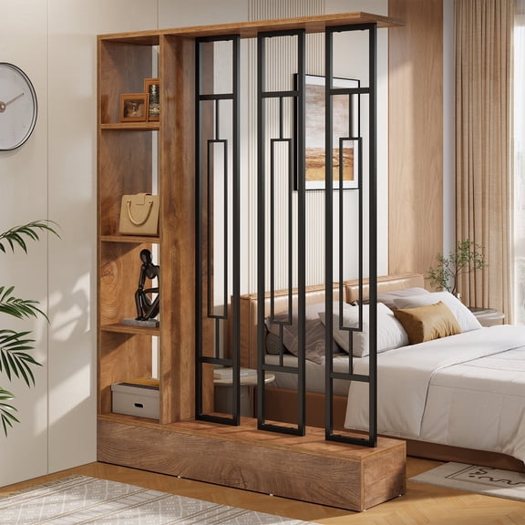 Finmind Wall Room Divider with Display Shelves, 70.9" Modern Freestanding Wall Partition with Sturdy Base, for Home & Office, Brown & Black