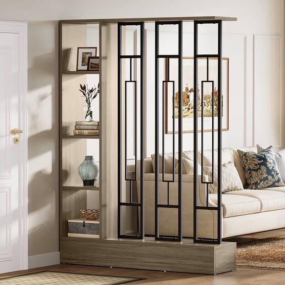 Finmind Wall Room Divider with Display Shelves, 70.9" Modern Freestanding Wall Partition with Sturdy Base, for Home & Office, Gray