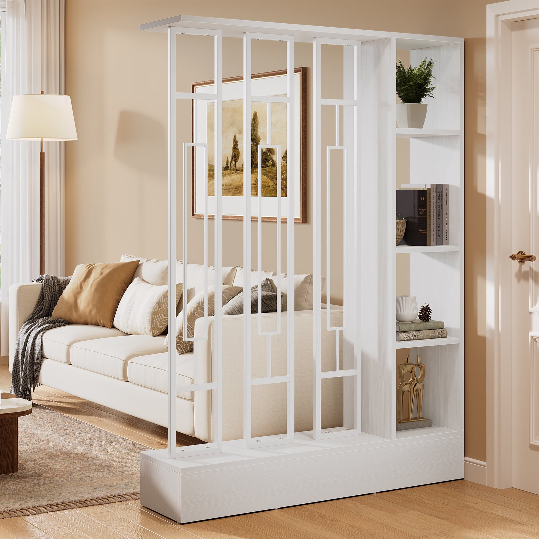 Finmind Wall Room Divider with Display Shelves, 70.9 inch Modern Freestanding Room Divider with Sturdy Base for Home & Office, White