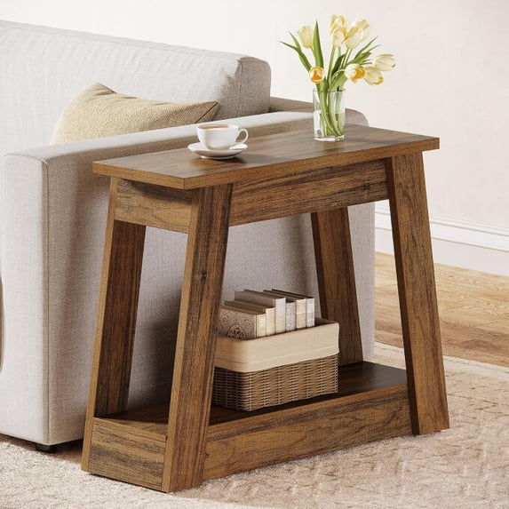 Finmind Wood End Table, Small Side Table with 2 Storage Shelves, Rustic ...