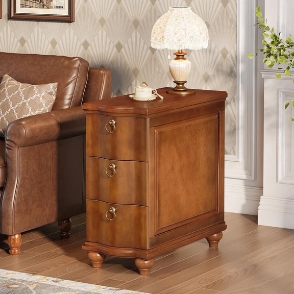 Finmind Wood Fully Assembled End Table, 3-Drawers Narrow Slim Side Table, No Assembly Required, Nightstand for Bedside