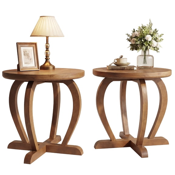 Finmind Wood Round End Table with Curved Base for Living Room Bedroom, Rustic Small Vintage Accent Sofa Side Table Set of 2
