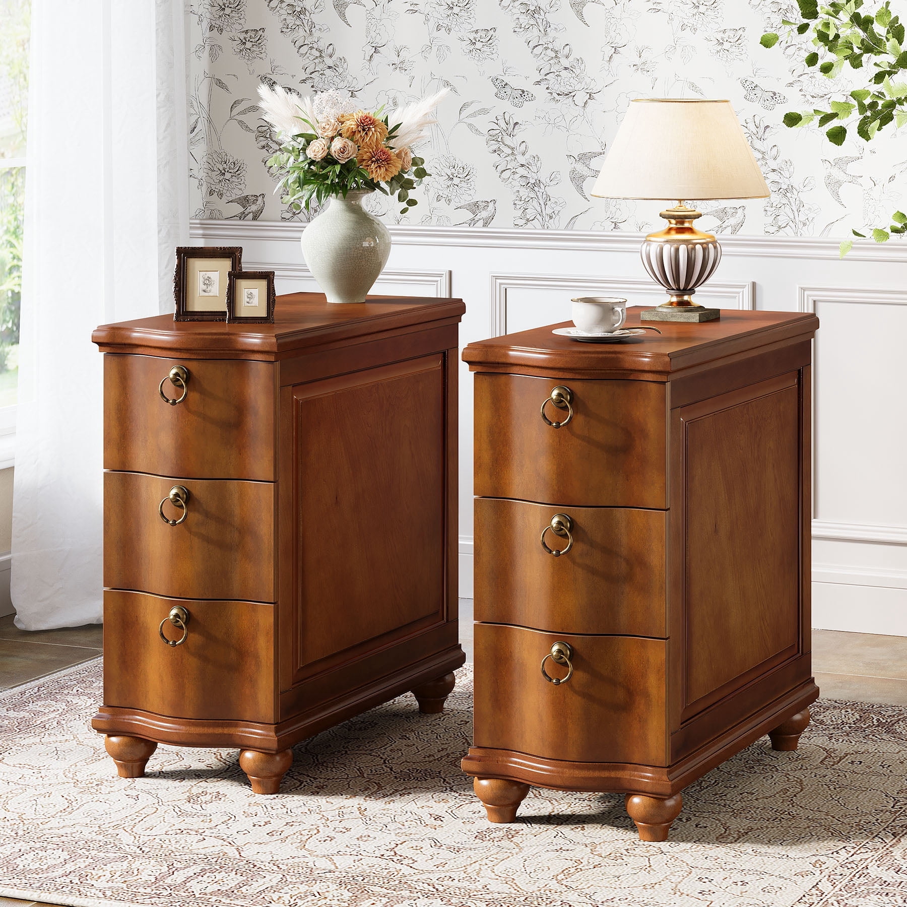Finmind Wood Side Table with 3-Drawers, Fully Assembled Narrow Slim End ...