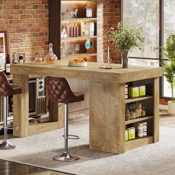 Finmind Wooden Farmhouse Bar Table, 55" Large Counter Height Table with Storage Shelves, Modern Home Bar Furniture for Kitchen, Dining Room, Living Room, Pub, Bistro, Basement, Natural Wood