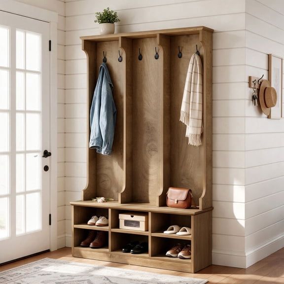 Finmind Wooden Hall Tree with Bench and Shoe Storage, Rustic Oak