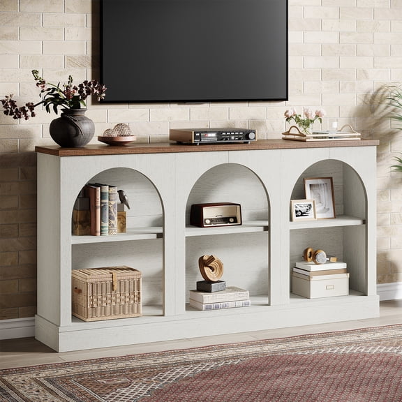Finmind Wooden TV Stand for TVs up to 65'', Farmhouse Entertainment Center with Storage Cabinets