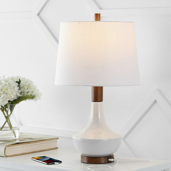 JONATHAN Y Finn 23" Vintage Minimalist Iron/Ceramic LED Mini Table Lamp with USB Charging Port, Wood Finished/White