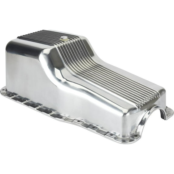 Speedway Motors 289-302 Polished Finned Aluminum Oil Pan, Front Sump Design With 8.5 Max Depth, 5 Quart Capacity, fits 1962-1987 SBF, Includes Drain Plug & Hardware
