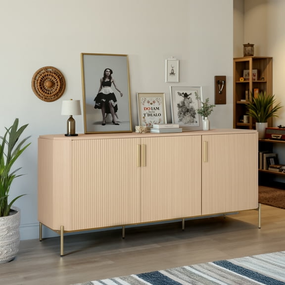 Finnhomy 3 Door Sideboard Buffet Cabinet with Fluted Decorated Doors, 28.74 x 66.3 x 17.72 inches