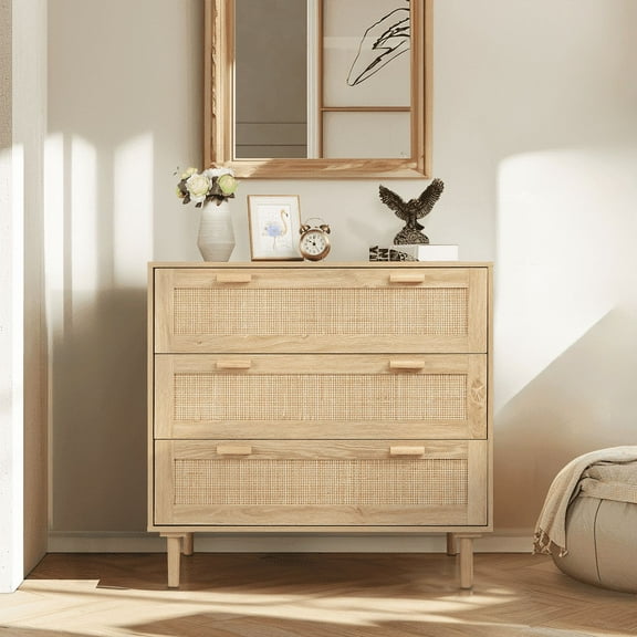 Finnhomy 3 Drawer Dresser, 35.43" Wide, Rattan Dresser Modern Cane Dressers Chest of Drawers Wood Oak