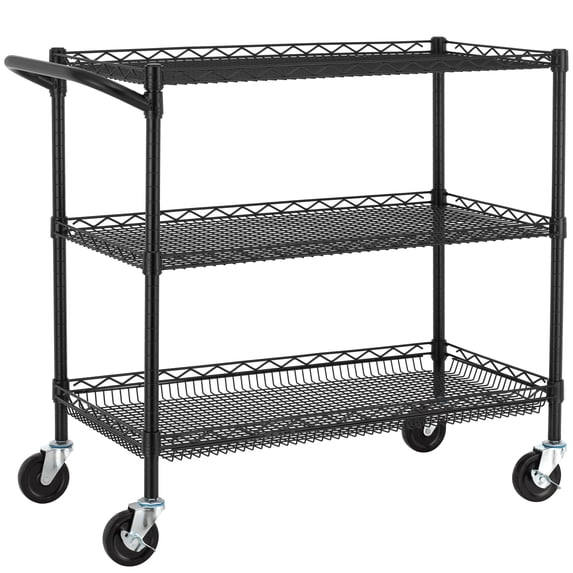 Finnhomy 3 Tier Heavy Duty Commercial Grade Utility Cart, Wire Rolling Cart with Handle Bar, Steel Service Cart with Wheels, Kitchen Carts on Wheels, Metal Cart Shelf Size 18" D x 36" W, NSF, Black
