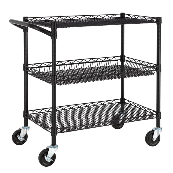Finnhomy 3-Tier Heavy-Duty Commercial-Grade Wire Rolling Utility Cart with Handle, Black, 1-Pack
