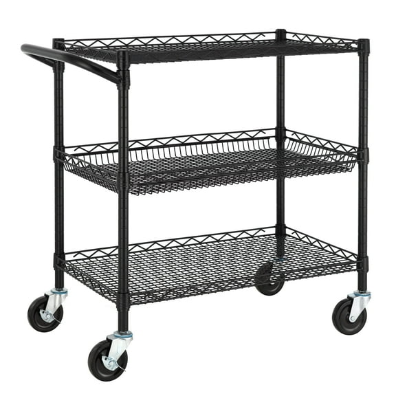 Finnhomy 3-Tier Heavy-Duty Commercial-Grade Utility Cart, Wire Rolling with Handle, 24" D x 36" W, Black