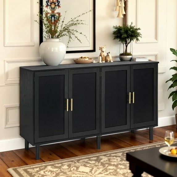 Finnhomy 4 Door Sideboard Buffet Cabinet, Boho Accent Liquor Cabinet, 62.3 x 15.7 x 34.6 inches