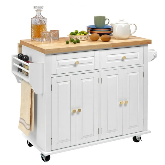 Finnhomy Rolling Kitchen Island with Drop Leaf, Thicken Rubberwood Top, Portable Mobile Carts Table, Kitchen Serving and Storage Cart