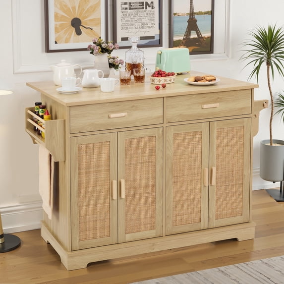 Finnhomy 55.3-Inch Rolling Kitchen Island with Storage, Rattan Doors, Hidden Wheels and Towel Rack for Dining Room