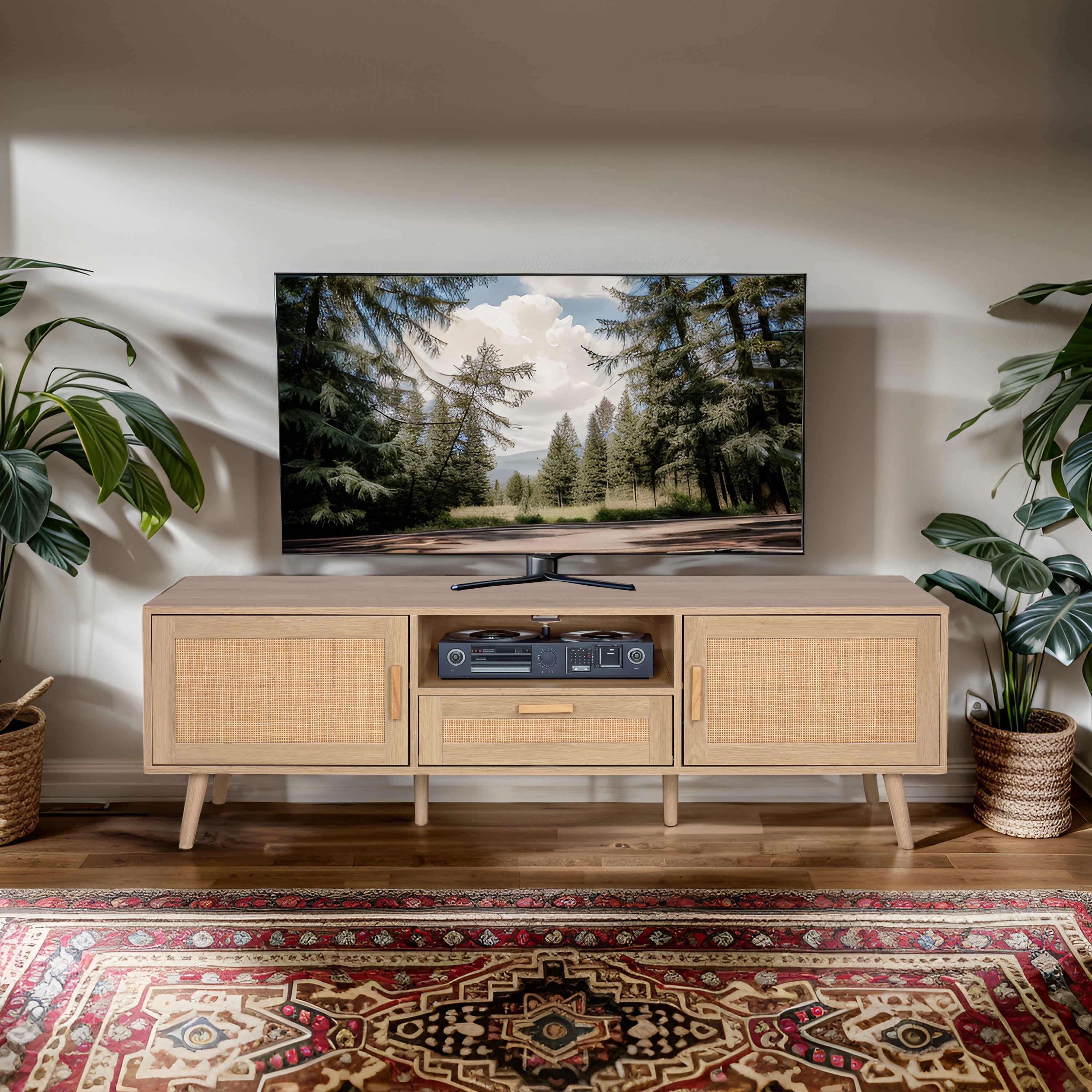 Finnhomy 59-Inch Boho TV Stand for up to 70-Inch TVs with 2 Rattan Doors - Walmart.com