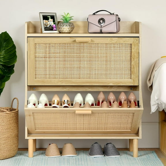 Finnhomy Extended Edition Shoe Cabinet with Natural Rattan Flip Drawers for Entryway, Free Standing 2 Tier Slim Shoe Organizer with Large Top Board, Shoe Cabinet with 3-Gear Adjustable Width Drawers