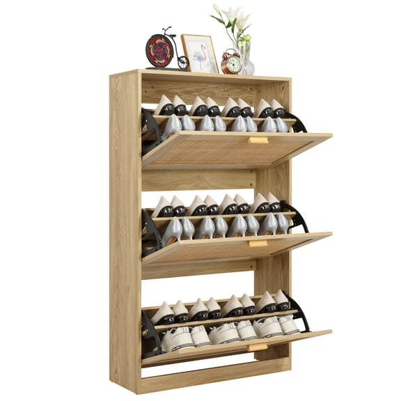 Finnhomy Extended Edition Shoe Cabinet with Natural Rattan Drawers, 3-Tier Slim Organizer