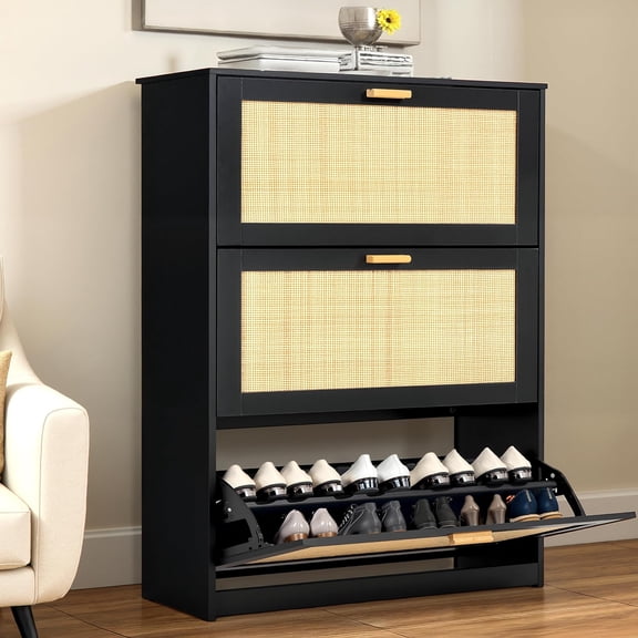 Finnhomy Extended Edition Shoe Cabinet with Natural Rattan Flip Drawers for Entryway, Free Standing 3 Tier Slim Shoe Organizer, Shoe Cabinet with 3-Gear Adjustable Width Drawers, Black