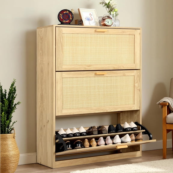 Finnhomy Extended Edition Shoe Cabinet with Natural Rattan Flip Drawers for Entryway, Free Standing 3 Tier Slim Shoe Organizer, Shoe Cabinet with 3-Gear Adjustable Width Drawers, Natural