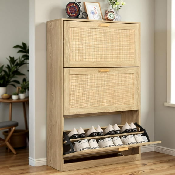 Finnhomy Extended Edition Shoe Cabinet with Natural Rattan Flip Drawers for Entryway, Free Standing 3 Tier Slim Shoe Organizer, Shoe Cabinet with 3-Gear Adjustable Width Drawers, Natural