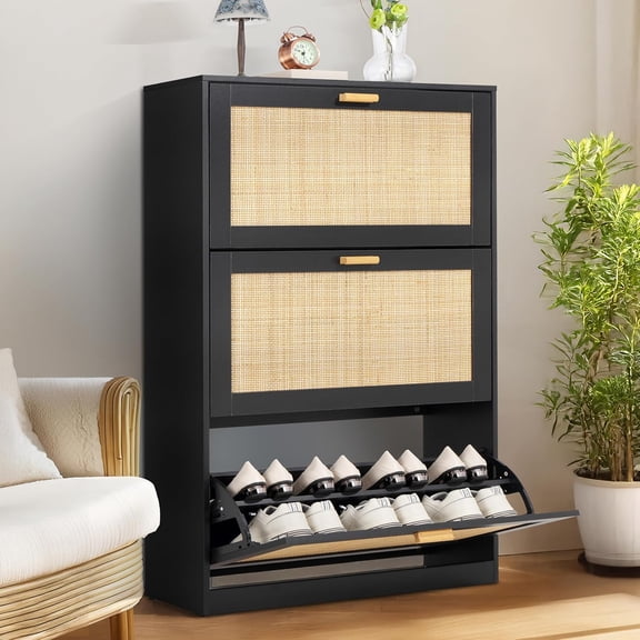 Finnhomy Extended Edition Shoe Cabinet with Natural Rattan Flip Drawers for Entryway, Free Standing 3 Tier Slim Shoe Organizer, Shoe Cabinet with 3-Gear Adjustable Width Drawers, Black