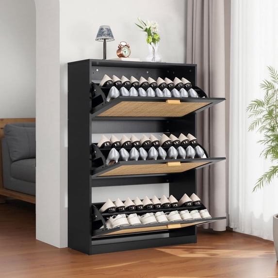Finnhomy Extended Edition Shoe Cabinet with Natural Rattan Flip Drawers for Entryway, Free Standing 3 Tier Slim Shoe Organizer, Shoe Cabinet with 3-Gear Adjustable Width Drawers, Black