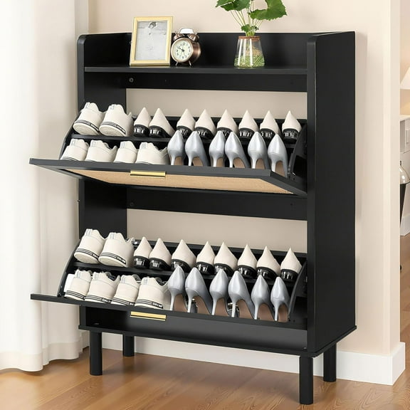 Finnhomy Extended Shoe Cabinet with Natural Rattan Flip Drawers for Entryway, Free Standing 2 Tier Slim Shoe Organizer with Large Top Board, Shoe Cabinet with 3-Gear Adjustable Width Drawers, Black