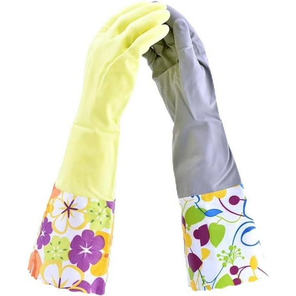 G & F Products Latex-Free Household Cleaning Gloves, Soft Lining, Long Cuff 15 in, 2 Pairs, Yellow/Grey, Large