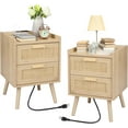 thumbnail image 1 of Finnhomy Nightstand with Charging Station, Bedside Table with Rattan Drawers, Beige, Set of 2, 1 of 7